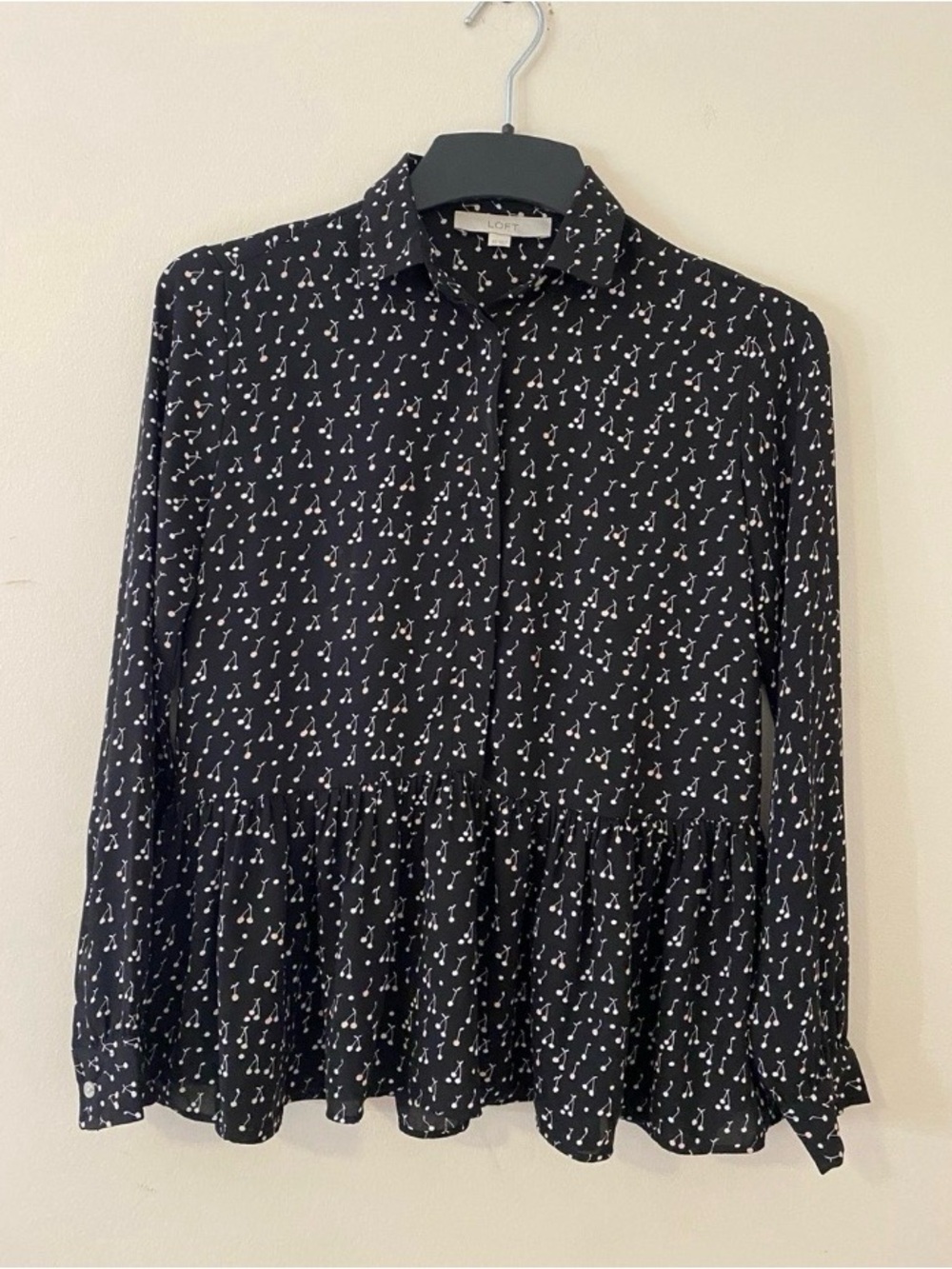 LOFT black button up Cherry print blouse office business casual